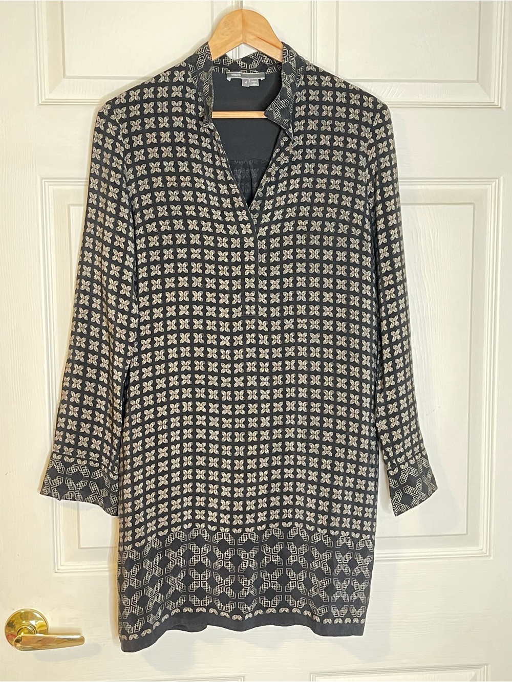 Vince Silk Black Tunic with Cream Geometric Print